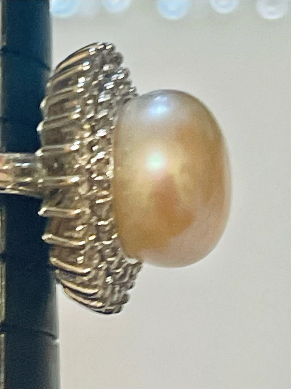 Natural South Sea Cream Pearl Flower Shape Halo Cubic Zirconia Silver Plate 8-10